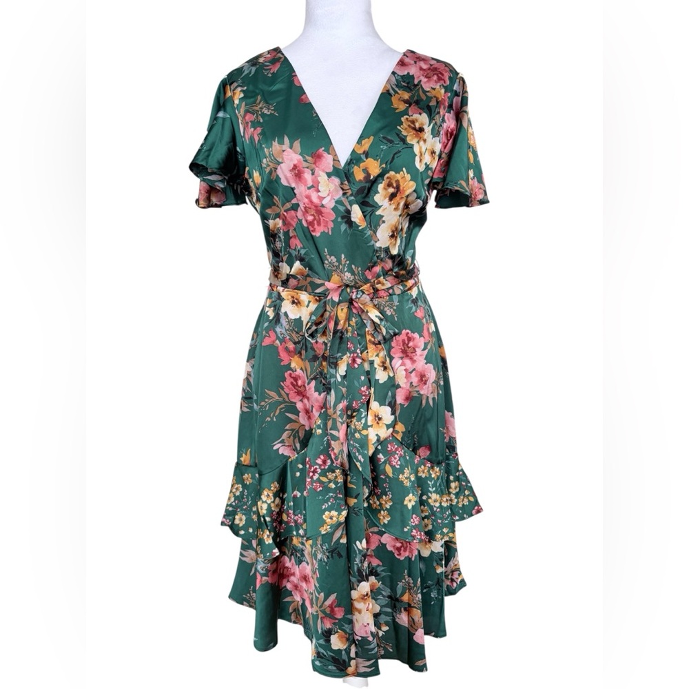 New Nikole Miller NY Floral Wrap Satin Midi Dress Ruffle Green Sz 8 Festival - Picture 3 of 9